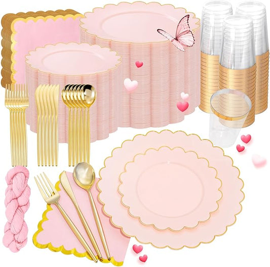 WONDERFUL 351pcs Pink Plastic Plates - Luxury Party Plates and Cups and Napkins Sets Includes 1 Table Runner 100 Disposable Plate 150 Heavy Duty Silverware 50 Cups 50 Wedding Napkins for Wedding Party