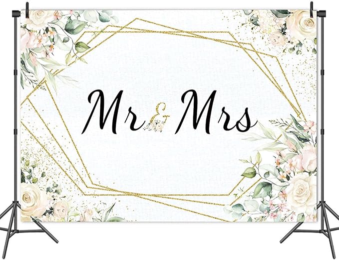 Mr & Mrs White Floral Bridal Shower Backdrop Mr Mrs Wedding Theme Photo Backgrounds 7x5ft Wedding Bride to Be Engagement Photography Backdrops Prom Party Banner Decor Party Banner Photo Booth Prop