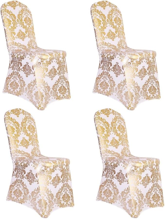 Pack of 4 Dining Chair Covers Bronzing Gold Flower Print Removable Washable Spandex Stretch Decorative Chair Slipcovers Set for Party Wedding Home Decorations - Gold+White