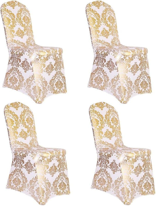 Pack of 4 Dining Chair Covers Bronzing Gold Flower Print Removable Washable Spandex Stretch Decorative Chair Slipcovers Set for Party Wedding Home Decorations - Gold+White