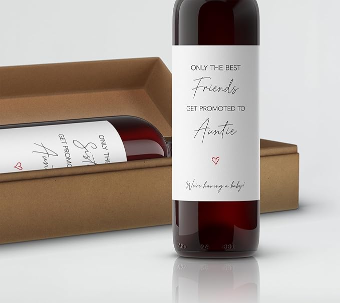 FAMILY & FRIENDS Pregnancy Announcement Wine Labels ● SET of 6 ● 2 Best SISTERS + 4 Best FRIENDS Get Promoted to AUNTIE Label, Baby Reveal Card alternative, Waterproof (Minimalist)