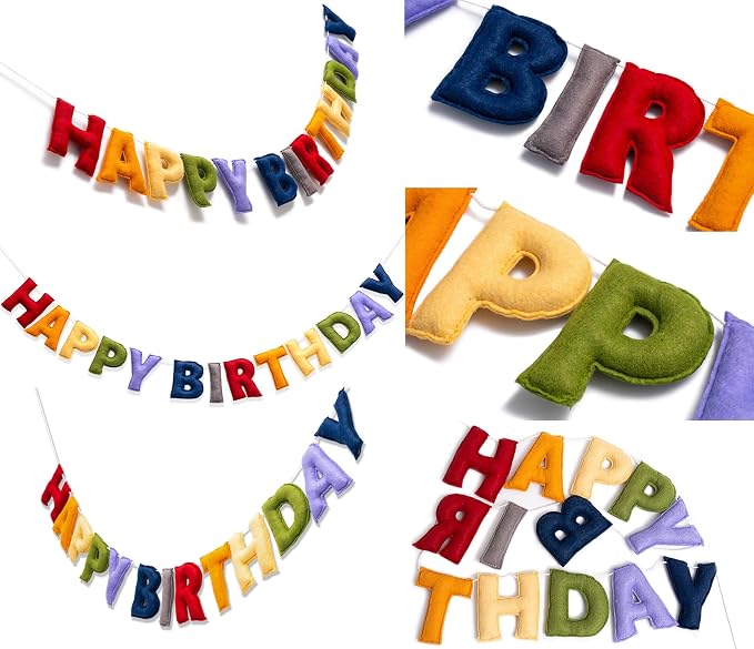 Pre-Strung Happy Birthday Banner - Retro Classic Birthday Party Decorations - Reusable HAPPY BIRTHDAY Garland, Boy Girl Birthday Felt Banner, Happy Birthday Sign for Holiday Party Decor, Photo Prop (Retro Classic Color)