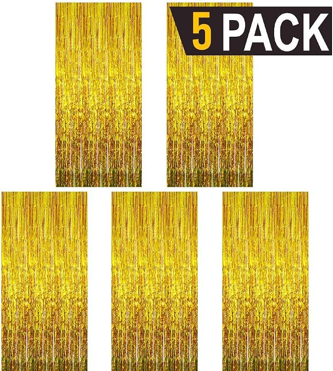 GOER Metallic Tinsel Foil Fringe Curtains Party Photo Backdrop Party Streamers for Birthday,Graduation,New Year Eve Decorations Wedding Decor (Champagne Gold,5 Packs)