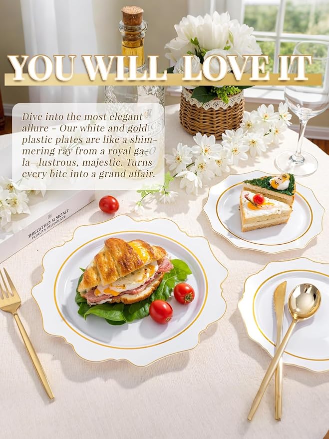 WDF 100PCS White and Gold Plastic Plates - Gold Disposable Plates - Include 50 Dinner & 50 Dessert Plate for Party - Heavy Duty Fancy Plastic Plate for Wedding/Bridal shower/Mother's Day