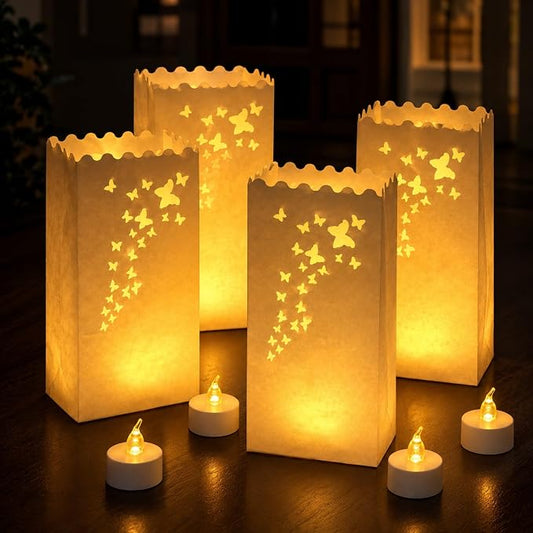 AceList 50 Butterfly Luminary Bags with 50 Flameless LED Tea Lights | Butterfly cutout, warm flickering amber light, reusable & flame-free, for weddings, garden parties, walkways & outdoor decor