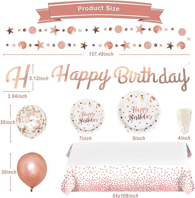 Rose Gold Birthday Party Supplies for 20 Guests - Rose Gold Happy Banner, Glitter Circle Dot Garland with Party Plates and Cups, Tablecloth, Balloons for Women Girl Birthday Party