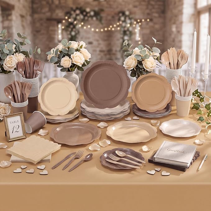 Ceenna 390 Pcs Brown Party Decoration for 48 Guests, Gradient Brown Beige Paper Plates Napkins Cups Tablecloth Cutlery Disposable Tableware Set for Boho Birthday Baby Shower Wedding Party Supply