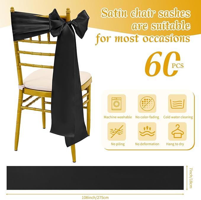 60 PCS Black Chair Sashes, Ties Bows Designed Sashes for Washable Reusable Chair Covers Supplies for Wedding Reception Events Banquets Party Hotel Event Aisle Decorations (7 x 108 inch)