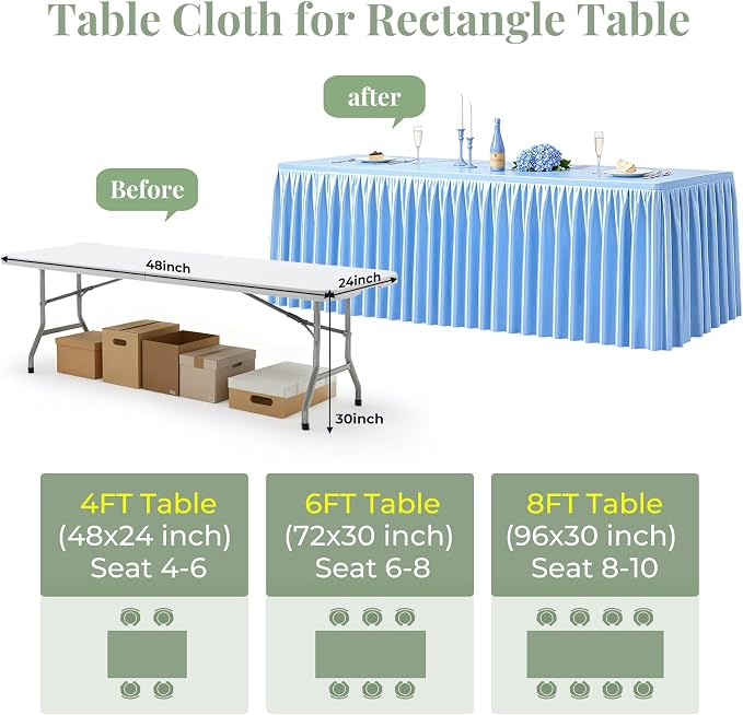 Blue Satin Tablecloths Rectangle 4FT, Glitter Spandex Fitted Stretch Table Covers Wrinkle-Resistant Floor Length Shimmer Pleated Table Skirt for Weddings Parties Baby Shower Banquets Vendor Events
