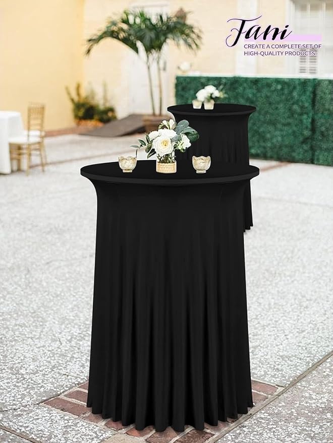 fani 6 Packs 32"x 43" Round Cocktail Table Skirt, Spandex Fitted High Top Table Skirt, Spandex Stretch Cocktail Tablecloth for Wedding Party Bar Banquet Birthday Tables(Black)