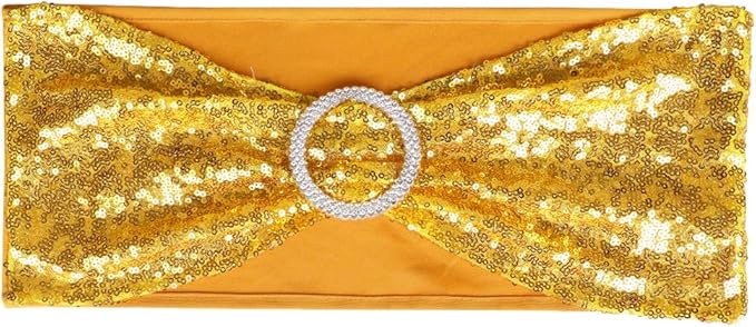 Pack of 100 Chair Sashes Sequin Stretchy Spandex Bands Decorative Bows One-Sided Sequins Decor for Romantic Wedding Party Home Chair Cover Sash Decorations, Gold