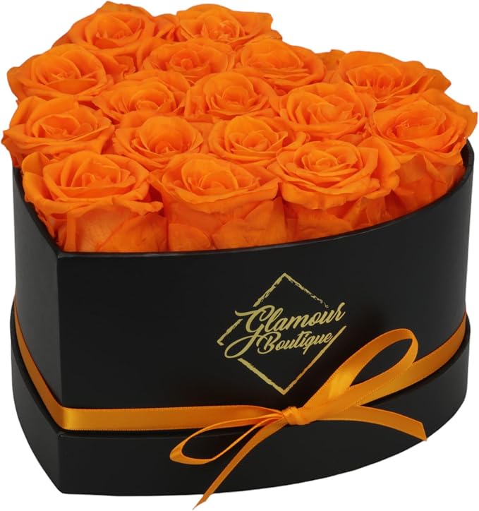 GLAMOUR BOUTIQUE 16 Flower Forever Heart Shape Box, Mothers Day Gift For Mom, Eternal Preserved Roses Gift for Her, Flowers bouquet, For Birthday, Anniversary, Girlfriend - Orange (Color-Treated)