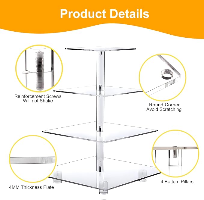 YestBuy Cupcake Stand with Yellow LED Lights, 4 Tier Cupcake Stand for 50 Cupcakes, Acrylic Cupcake Tower Stand, Clear Tiered Cupcake Holder for Birthday Candy Bar Décor Weddings, Parties Events