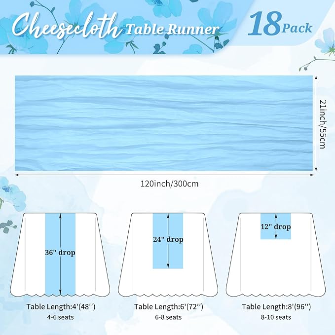 18 Pack Cheesecloth Table Runner Light Blue 10Ft Rustic Boho Gauze Table Runner Romantic Long Sheer Fabric Cheesecloth Table Runner for Wedding Festival Birthday Anniversary Dinner Outdoor Events