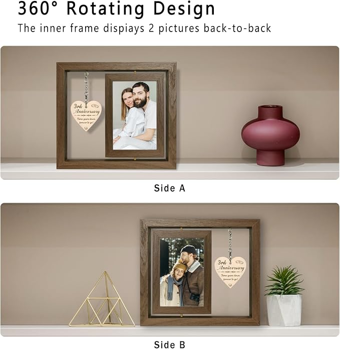 EYITUPC 3 Year Wedding Anniversary Picture Frame Gifts, 3RD Anniversary Frame for Her Him Husband Wife (Display Two 4x6)