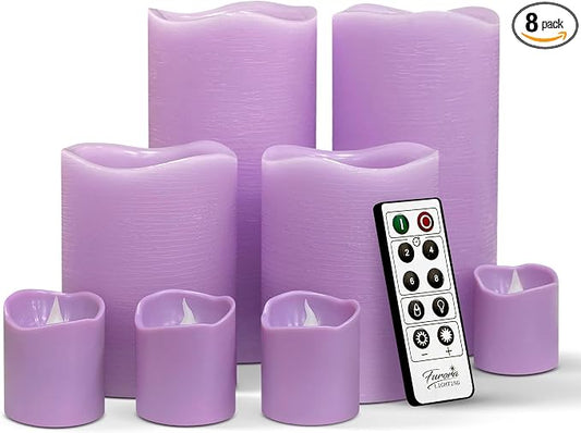 FURORA LIGHTING Purple Flameless Candles, 8-Pack Set with Remote & Timer | Includes 4 pillars and 4 votives. Creates a calming, rich purple mood glow perfect for meditation and bohemian home decor.