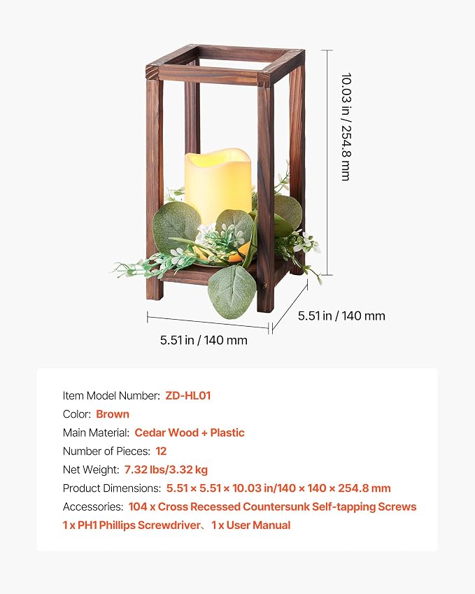 VEVOR 12 Set/36 Pcs Wooden Wedding Lantern Centerpiece, Includes 12 Wooden Lantern Candle Holder 12 Flameless LED Candle 12 Eucalyptus Leaves Wreath for Wedding Table Party Farmhouse Decor, Brown