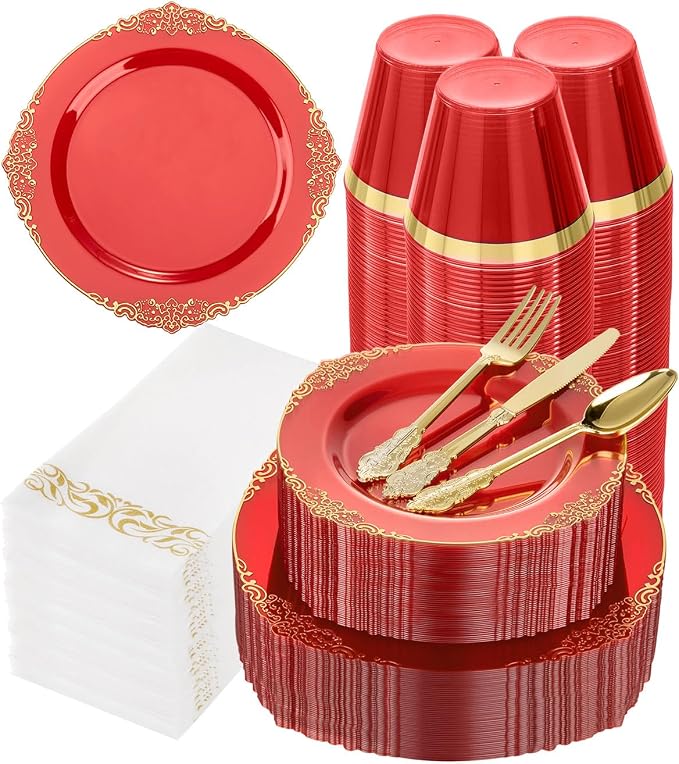 Bestluck 350PCS Clear Red Plastic Plates for 50 Guests, Disposable Plates with Gold Trim include 50 Dinner Plates, 50 Dessert Plates, 150 Gold Silverware, 50 Cups, 50 Napkins for Party