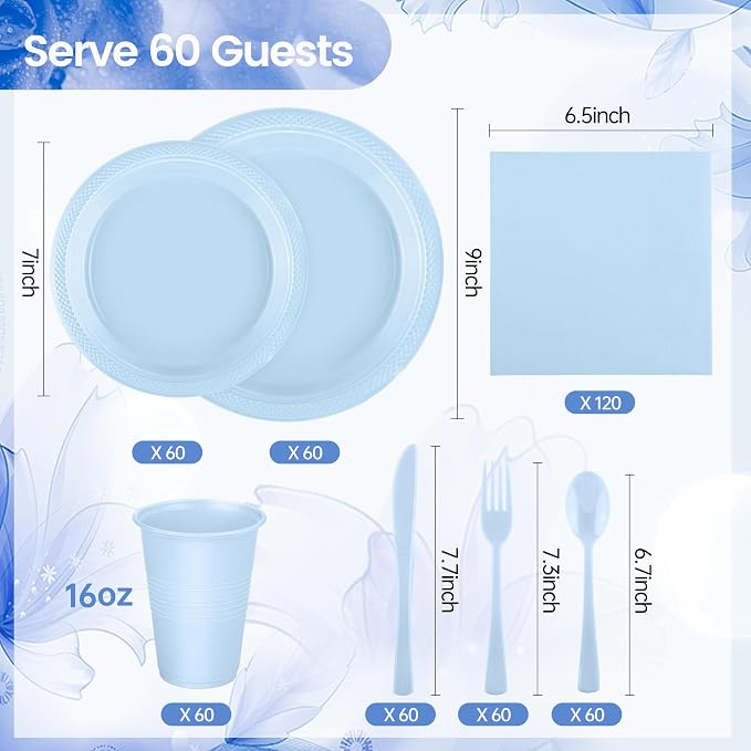 Kochorie 480 Pieces Light Blue Plastic Dinnerware Set Disposable Heavy Duty Plates Napkins Cups Silverware Dessert Dinner Plates for Birthday Wedding Baby Shower Party Supplies, Serves 60 Guests