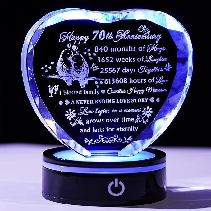 YWHL 70th Wedding Anniversary Crystal Gift For Couple Parents With LED Base, 70th Anniversary Heart Keepsake For Wife, Husband, Grandparents, Laser Engraved 70 Years Of Marriage Gift For Her, Him