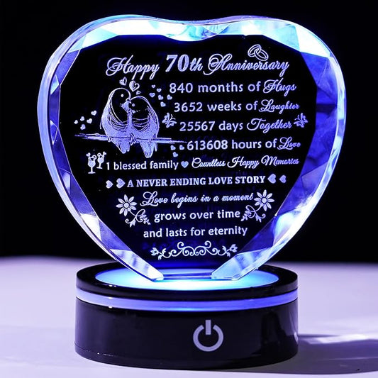 YWHL 70th Wedding Anniversary Crystal Gift For Couple Parents With LED Base, 70th Anniversary Heart Keepsake For Wife, Husband, Grandparents, Laser Engraved 70 Years Of Marriage Gift For Her, Him