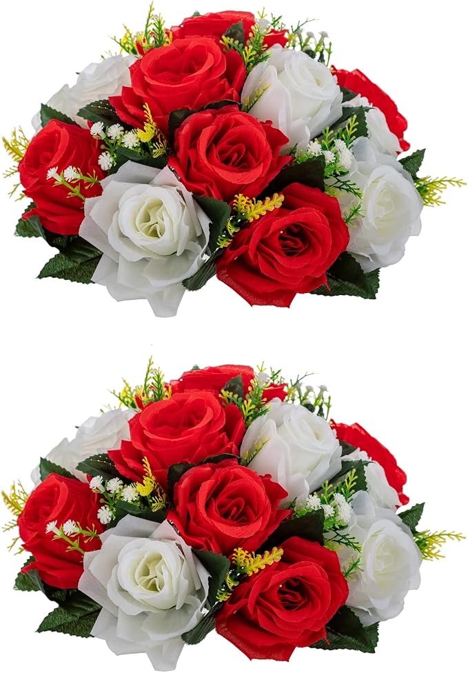Artificial Flower Centerpieces for Tables: 2pcs of Rose Flower Balls, Flower Kissing Balls, Fake 15-head Plastic Flower Roses with Base for Birthday Party Christmas Home Wedding Decor (Red White)