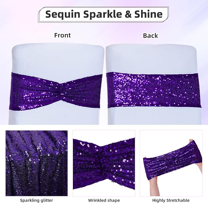 Poise3EHome Purple Sequin Chair Sashes Folding Chair Covers Bow for Wedding Party Reception Decorations, 20 PCS
