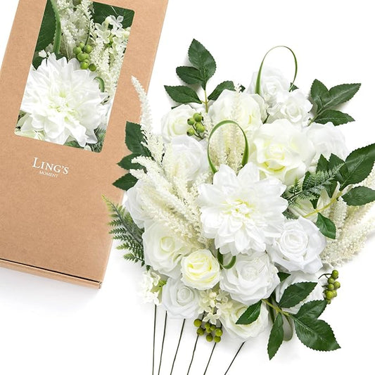 Ling's moment Fake Flowers Box, Artificial Faux Greenery Stems Silk Dahlias Foam Roses for Wedding Bouquets Centerpieces Decorations Backyard Floral Arrangement, White & Olive Green, Deluxe Combo