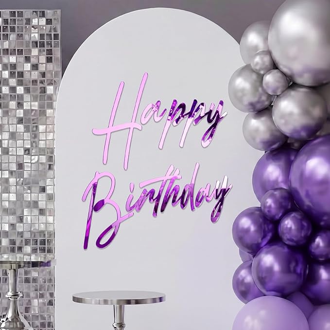 Yousoontic Happy Birthday Sign for Backdrop Large Happy Birthday Sticker Letter Acrylic Mirror Decal for Balloon Arch Wall Kpop Party, Peel Off Acrylic Film(23 x 20 Inches,Classic,Purple)