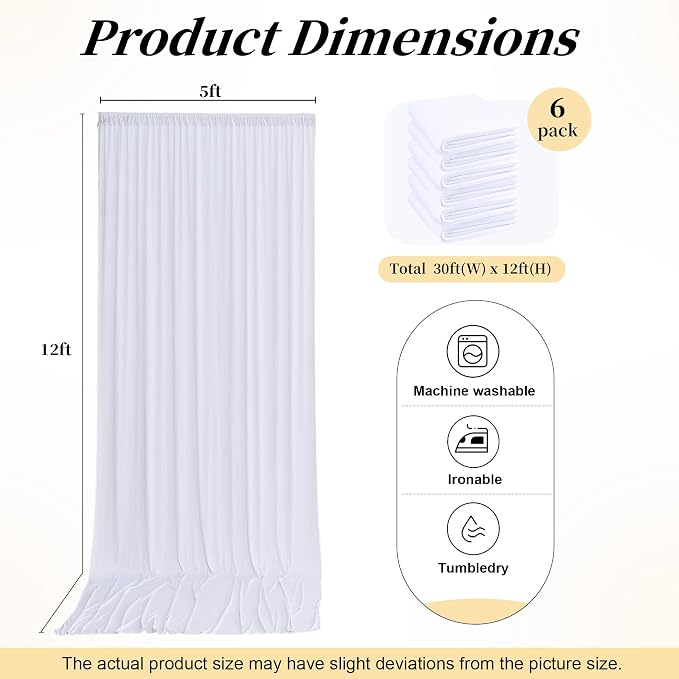 30ftx12ft Wrinkle Free White Backdrop Curtains for Parties, 6 Panels 5x12FT Long Silky Polyester White Photo Backdrop Drapes Back Drop Cloth for Wedding Birthday Photography Background Decor
