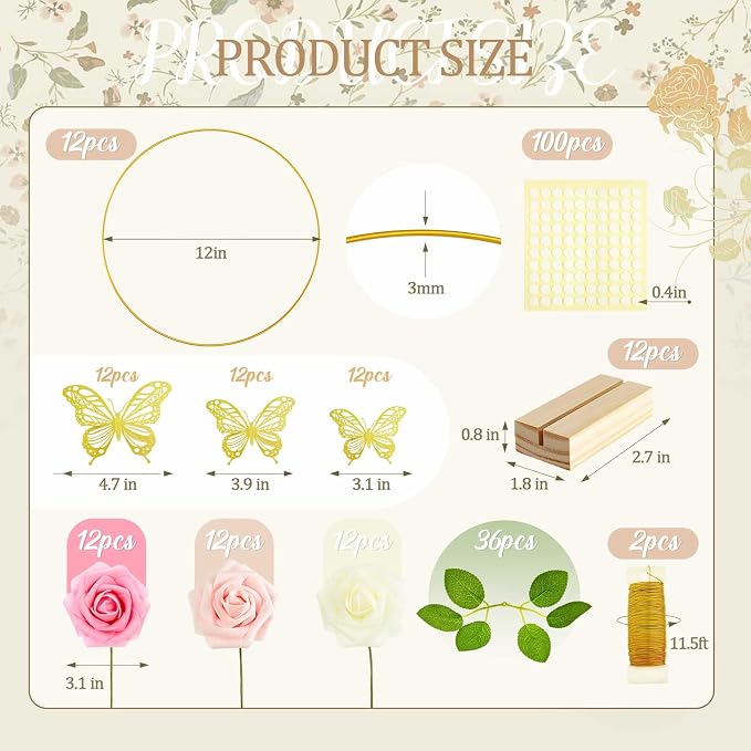 Vercraft 12 Set Butterfly Metal Floral Hoop Table Centerpieces, Metal Ring with 3D Butterfly Decor, PE Foam Flower, Adhesive Dot, Gold Wires for DIY Wedding Party(White, Pink, Pink,Round)
