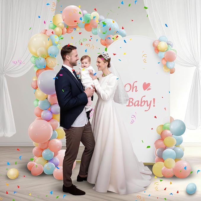 Wedding Arch Backdrop Stand 4ft, Metal Arch with Cover, Metal Arch Stand & Arch Stand Cover Set with 100 Party Multi-Colored Balloons for Birthday Party Wedding Ceremony Bridal Baby Shower Event Decor