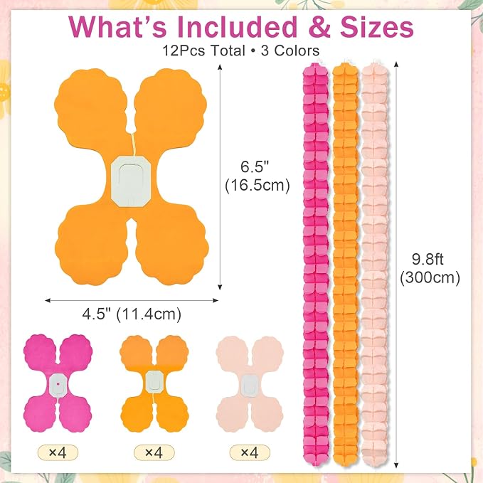 Hot Pink and Orange Party Decorations, 12Pcs 4-Leaf Paper Streamers | Paper streamer garlands for sunset parties, citrus spritz themes, birthdays, weddings, baby showers and bachelorette parties
