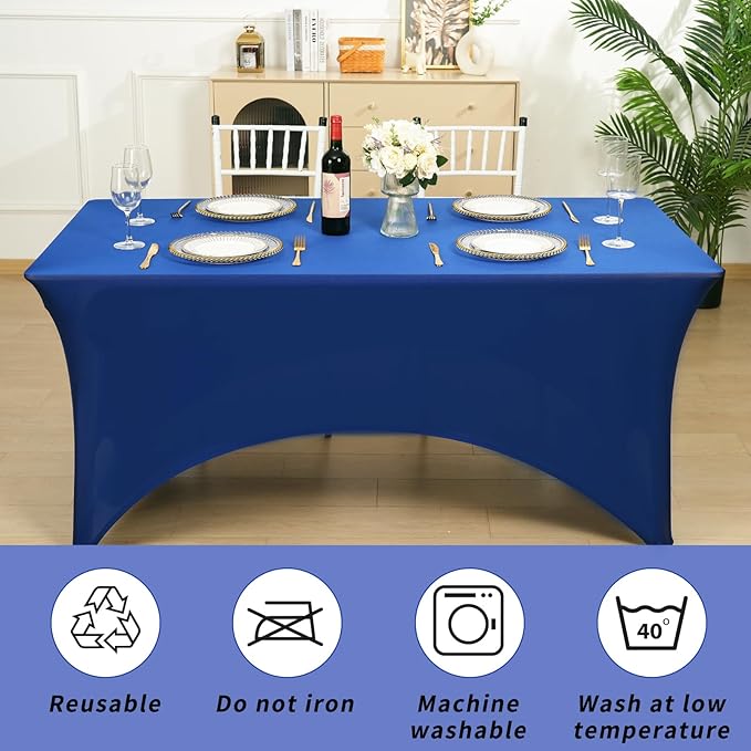 Fixwal 3 Pack Royal Blue Tablecloth Rectangle 6FT, Stretch Spandex Fitted Table Cover for Party, Trade Show, Wedding, Buffet, Graduation, Vendor Stand