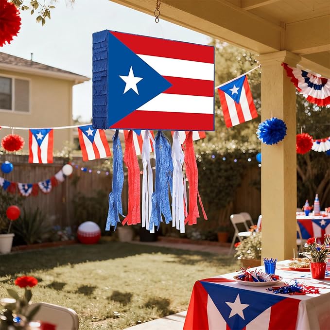 VioraWhite Puerto Rico Party Decorations Flag Piñata Red White Blue Small Piñata Set with Bat and Blindfold for Puerto Rican Birthday Party Games National Day Patriotic Festival Decor Supplies