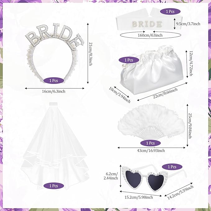 Cinrobiye 6 Pcs Bride to Be Gift Set, Bachelorette Party Accessories, Bridal Shower Veil Crown Sash Sunglasses Set, Bride to Be Tiara & Photo Booth Props Wedding Party Decorations