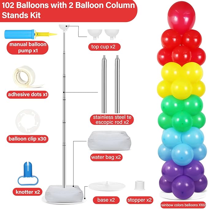 2 Sets Rainbow Balloon Column Stand Kit with 100 Graduation Adjustable Balloons Tower Stand with Bases for Floor Assorted Colors Column for Spring Mother's Day Birthday Wedding Party Decor