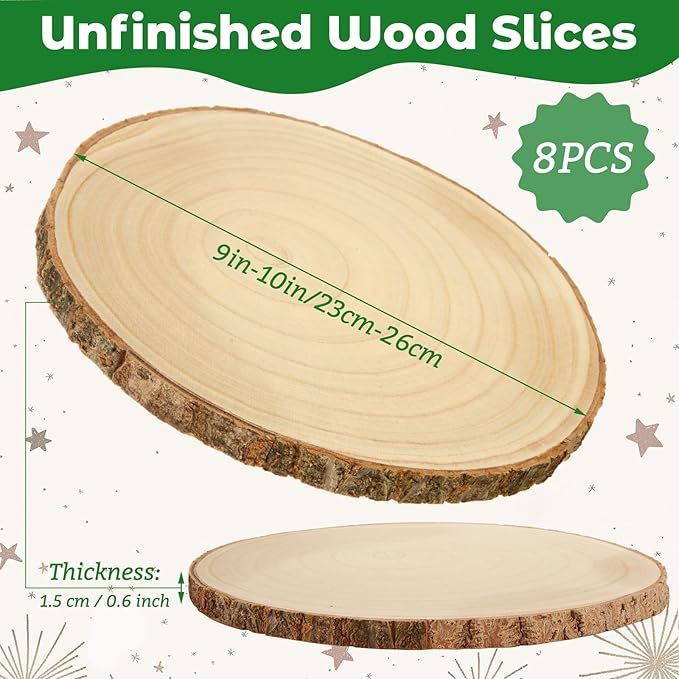 8 Pack 9-10 inch Unfinished Wood Slices for Centerpieces, Large Wood Rounds for Tables Decor, Round Wooden Slabs Wood Slice Ornaments for DIY Crafts and Wedding Decor
