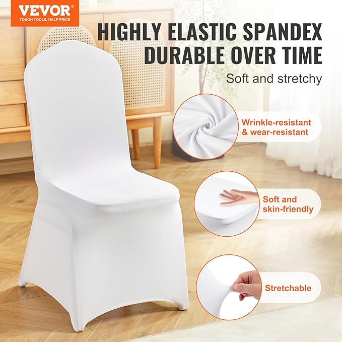 VEVOR 30 Pcs Flat-Front Chair Covers Polyester Spandex Chair Cover Stretch Slipcovers, Wedding, Holiday, Banquet, Party, Celebration, Dining,White
