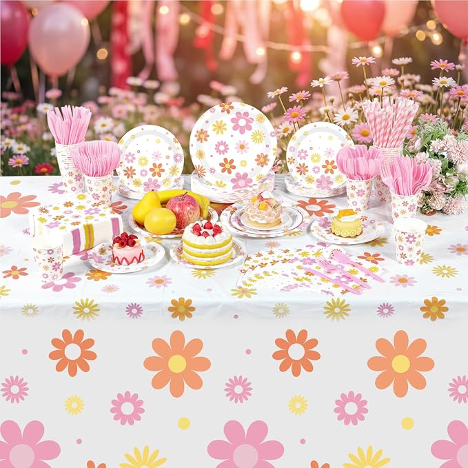 Funnymoom 452 Pcs Groovy Daisy Party Decorations for 50 Guest, Boho Daisy Paper Plates Cups Napkins Tablecloth Cutlery Straws Hippie Tableware Set for Retro Hippie Birthday Baby Shower Party Supplies