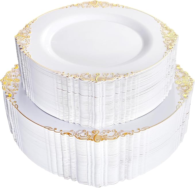 100PCS White and Gold Plastic Plates - Heavy Duty Gold Disposable Plates Include 50PCS 7.5inch Dessert Plates, 50PCS 10.25inch Dinner Plates for Wedding & Parties