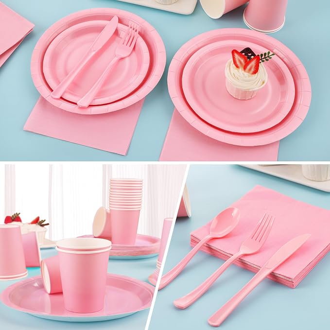 168PCS Light Pink Paper Plates and Napkins,Pink Disposable Plates Set with Utensils Serve 24 Guests for Baby Shower Graduation Valentines Day Party Decorations Party Supplies