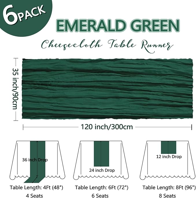 6 Pack Emerald Green Cheesecloth Table Runner 10Ft Gauze Cheese Cloth Table Runner 35x120 Inch Boho Sheer Rustic Fabric for Party Decor Baby Shower Wedding Home Holiday Decorations