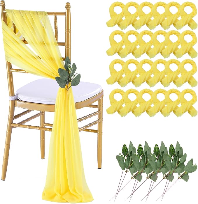 QueenDream Yellow Chair Sashes Wedding Aisle Decorations: 24 Packs 8ft Long Draping Fabric Sheer Church Chair Cover Bulk for Party Banquet