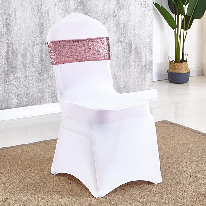 Eternal Beauty 50 Pack Sequin Chair Sashes Glitter Band Fuchsia Pink Chair Sashes for Wedding Cover Decoration
