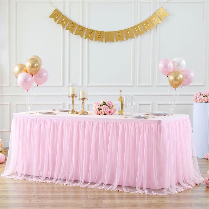 8ft Pink Tulle Tablecloths for Rectangle Tables 8 Foot Baby Pink Table Cloth Rectangular Wrinkle Free Stretch Spandex Table Cover with Skirt for Baby Shower Girls Birthday Party Banquet Buffet Cake