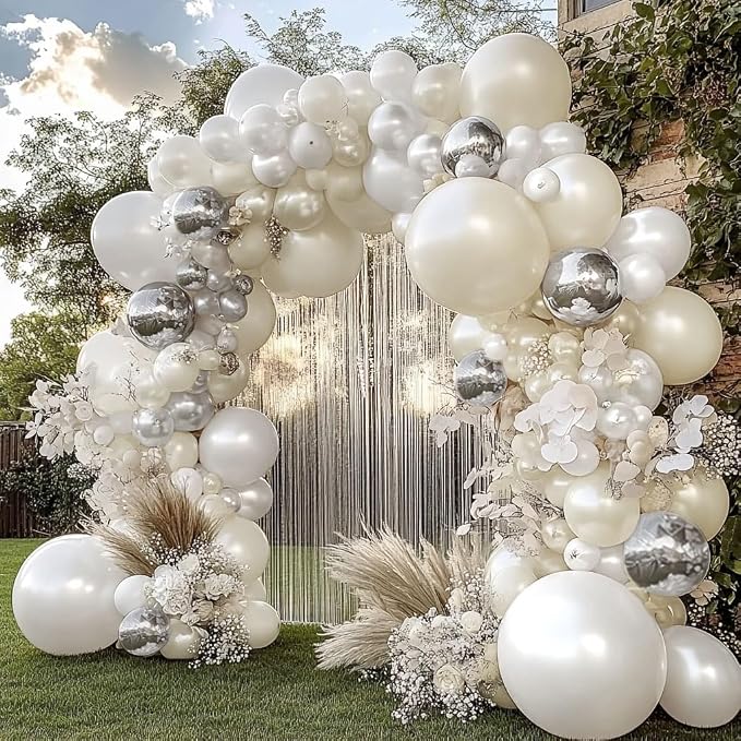 White and Silver Balloon Garland - Double Stuffed Pearl Sand White Silver Balloons Arch Kit 5 12 18 inch for Birthday Graduation Bar Mitzvah Bachelorette Wedding Baby Shower Party Decoration