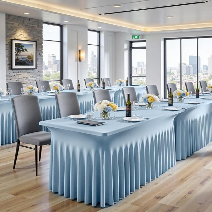 NSSONBEN 2 pk Dusty Blue Spandex Tablecloth for 8 Foot Rectangle Tables,Wrinkle Free Fitted Spandex Table Covers 8ft Stretch Table Cloths with Ruffle Skirt for Parties Weddings Banquet Baby Shower