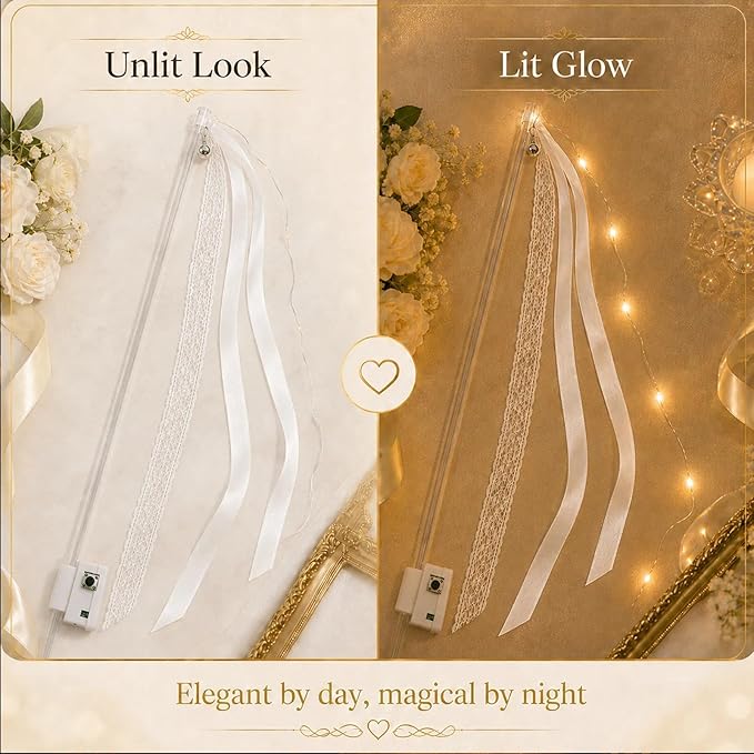 120 PCS Light Up Wands for Wedding, Warm White LED Wedding Send Off with Ribbons and Bells, 3 Light Modes Fairy Ribbon Wands, Reception Props for Ceremony Exit, Party Favor