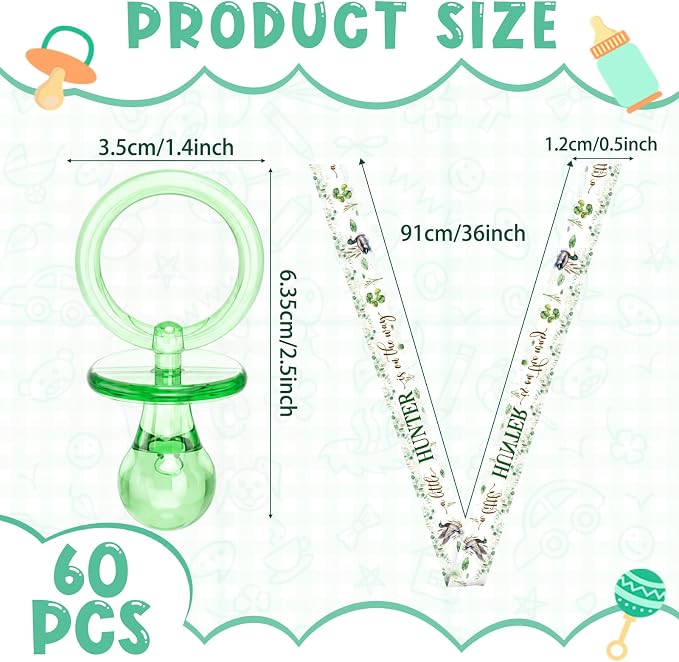 Coume 60 Pieces Baby Shower Pacifiers Necklace Acrylic Pacifiers Necklace Charm Party Favors for Girls Boys Baby Shower Party Decorations Table Scatter (Neutral Style,Green)